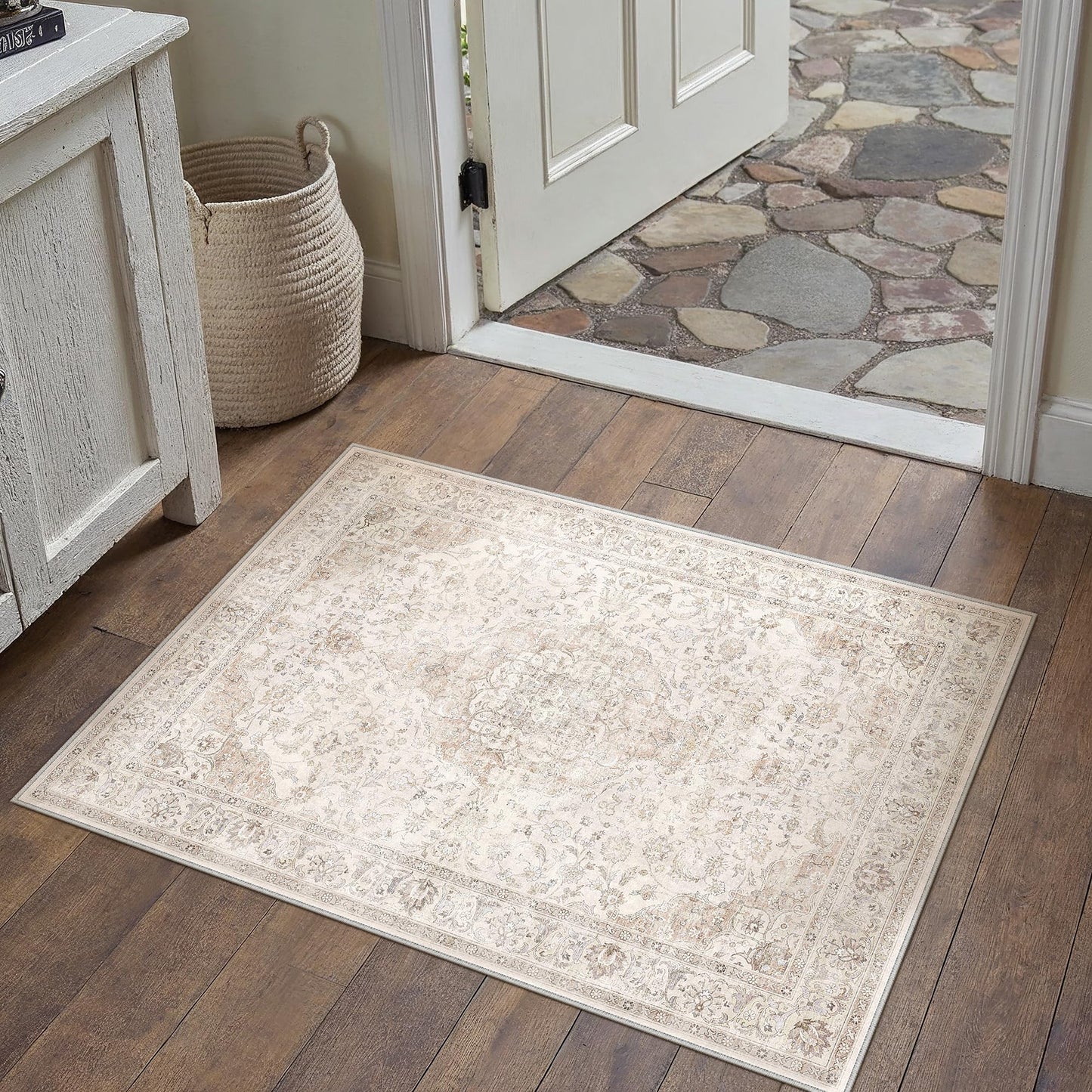 HUGEAR 2x3 Entryway Area Rug Vintage Beige Small Rug Machine Washable Door Mat Neutral Floral Low Pile Carpet Vacuumable Thin Throw Rug Entrance Kitchen Bathroom Bedroom Non Slip Lightweight