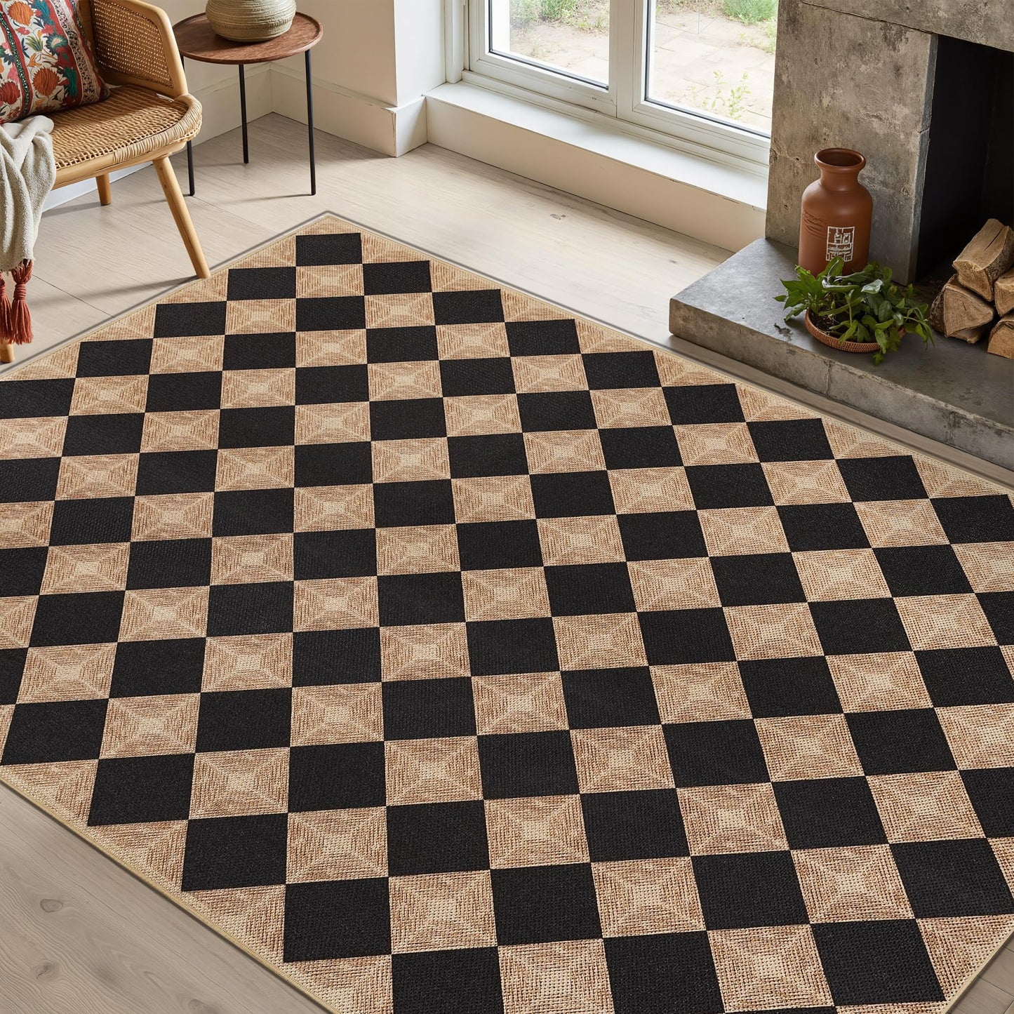 Dadasgk 5x7 Checkered Easy Jute Rug – Washable Non-Slip Indoor Outdoor Carpet, Black Textured Diamond Pattern, Neutral Area Rug for Living Room, Bedroom, Dining Room, Patio, Farmhouse Style