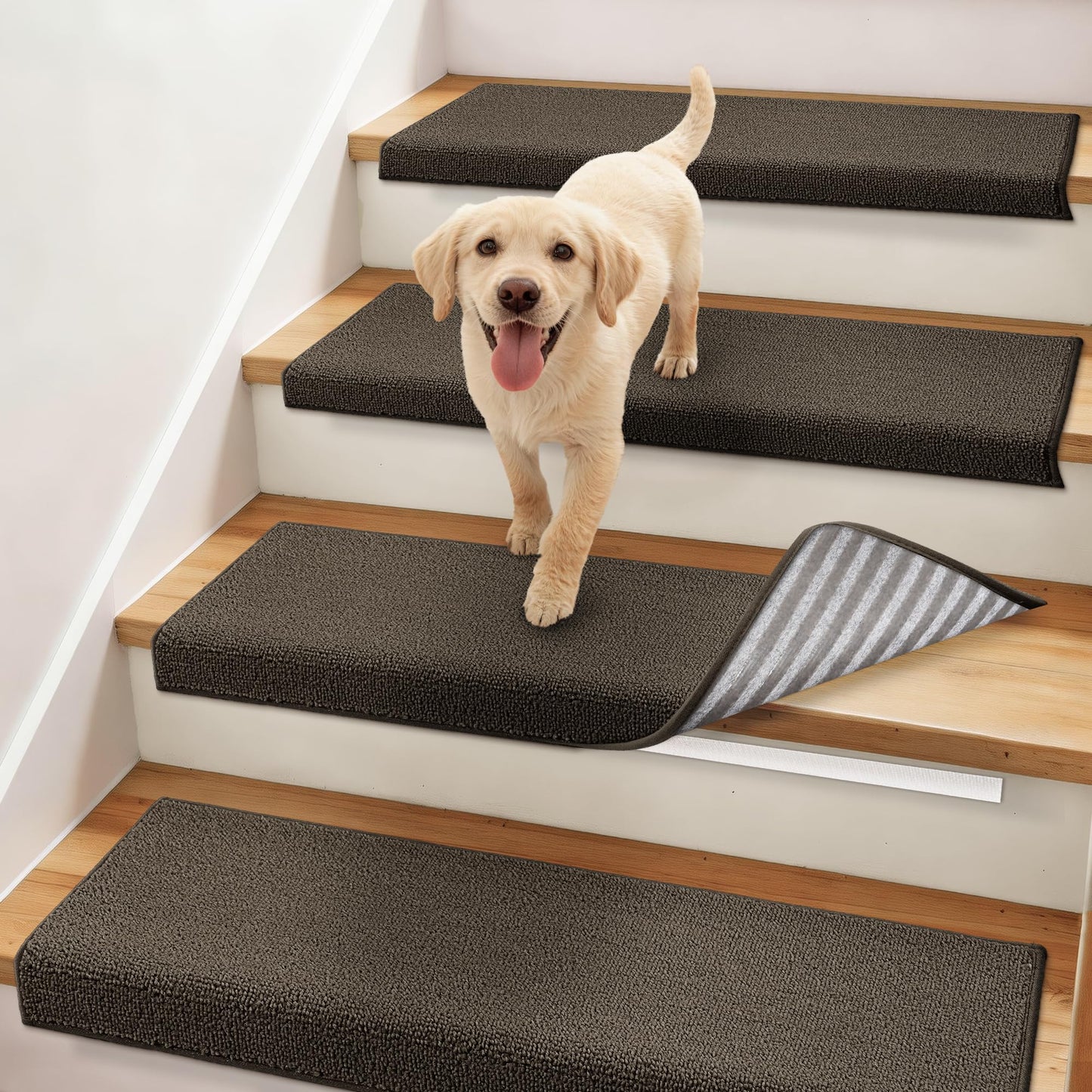 COSY HOMEER Bullnose Carpet Stair Treads, Peel and Stick Non-Slip Stair Treads for Wooden Steps, 11" x 30" Indoor Stair-Runner Rugs (4Pc, Gray)