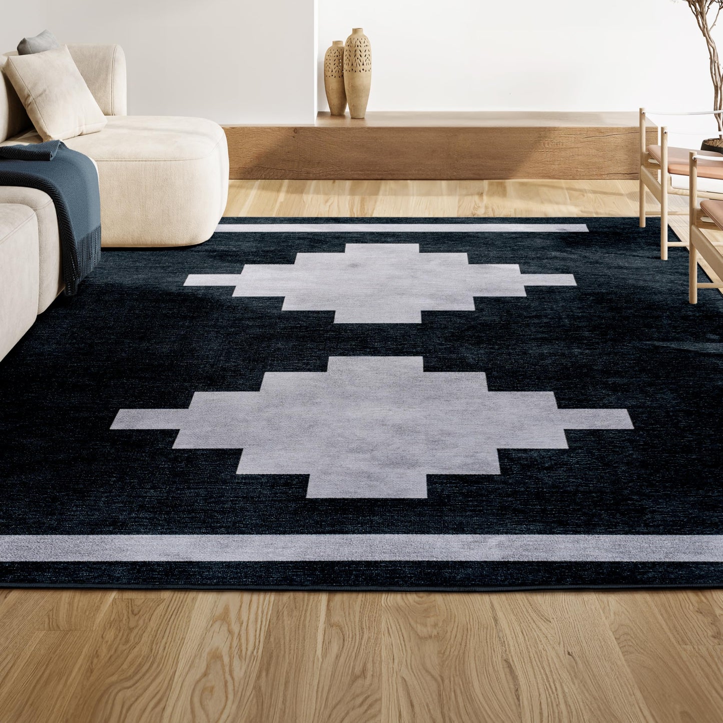 JONATHAN Y Machine Washable Indoor Area Rug 4X6 Navy/Light Gray, Adriel Geometric Medallion for Living Room, Bedroom, Kitchen, Office, Easy-Cleaning, Pet-Friendly, Non-Shedding WSH111B-4