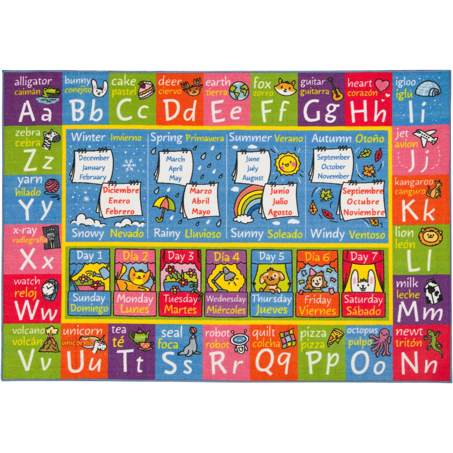 KC Cubs Bilingual Educational Kids Rug – English & Spanish ABC, Seasons & Days Mat – Language Learning Carpet Classroom & Playroom Baby-Toddler 8X10