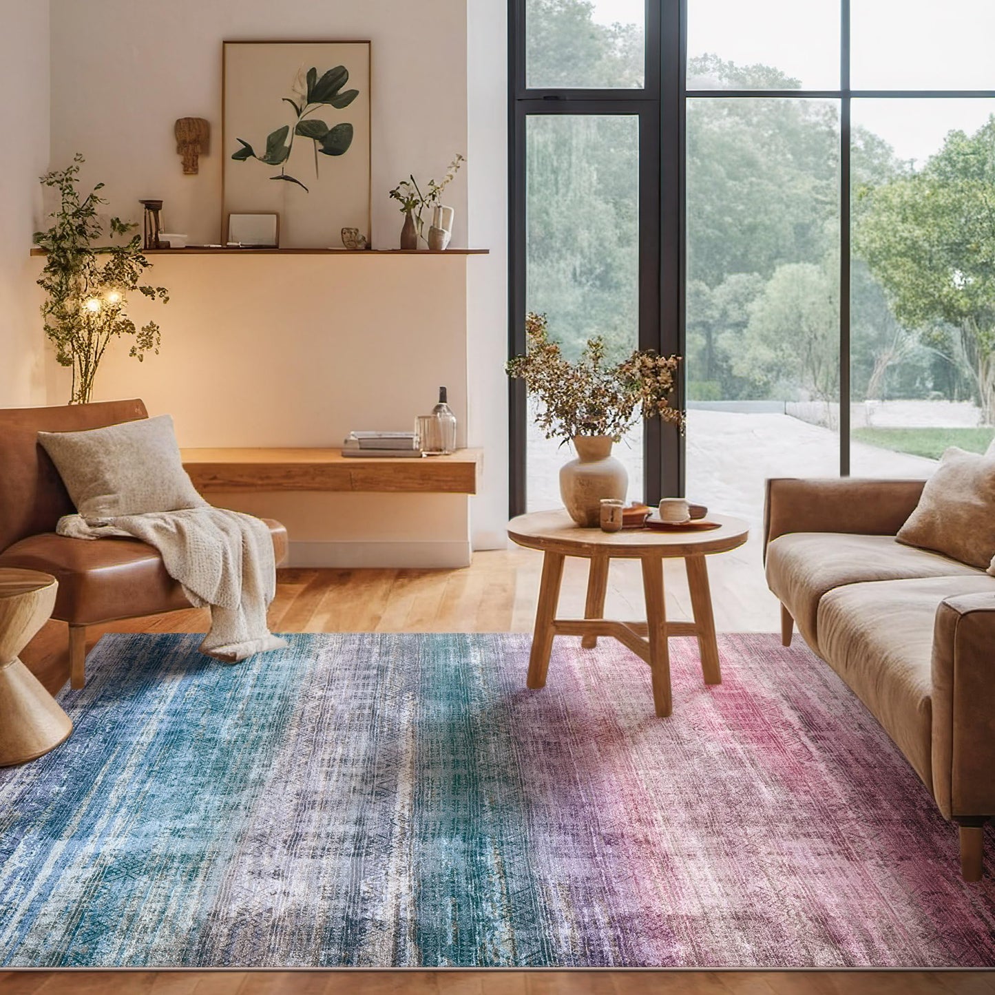 Kokia Abstract Area Rugs Boho Washable Distressed Retro Indoor 6x9 Rug Multicolor Low Pile Non-Slip Non-Shedding Red Carpet Bedroom Living Room Dining Room, Oslo Orchid