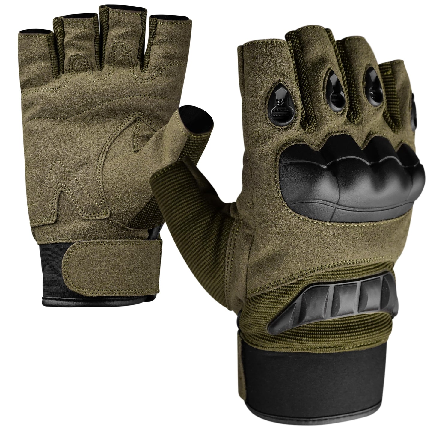 J.A.G. Half Finger Tactical Gloves for Men - Leather Hard Knuckle Sports Padded Glove for Cycling, Hiking, Combat, Hunting, Motorcycle Gloves (Olive Green, Large)