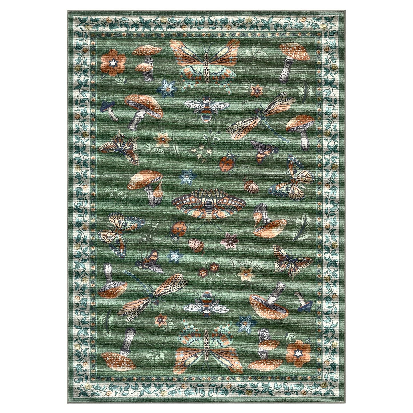 ROYHOME Mushroom Washable Rug 5x7 Area Rugs for Living Room, Insect Print for Bedroom, Non Slip Throw Rugs with Rubber Back, Soft Low Pile Dining Room Carpet for Under Table, Green