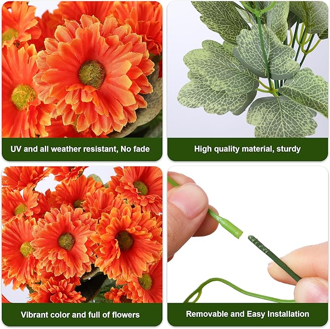 HyeFlora Dahlia Artificial Fall Flowers for Outdoors Autumn Decoration, 6 Bundles Fake Mums Faux Flowers Plants Realistic UV Resistant Silk Flowers for Outside Planter Yard Garden Home, Orange Yellow