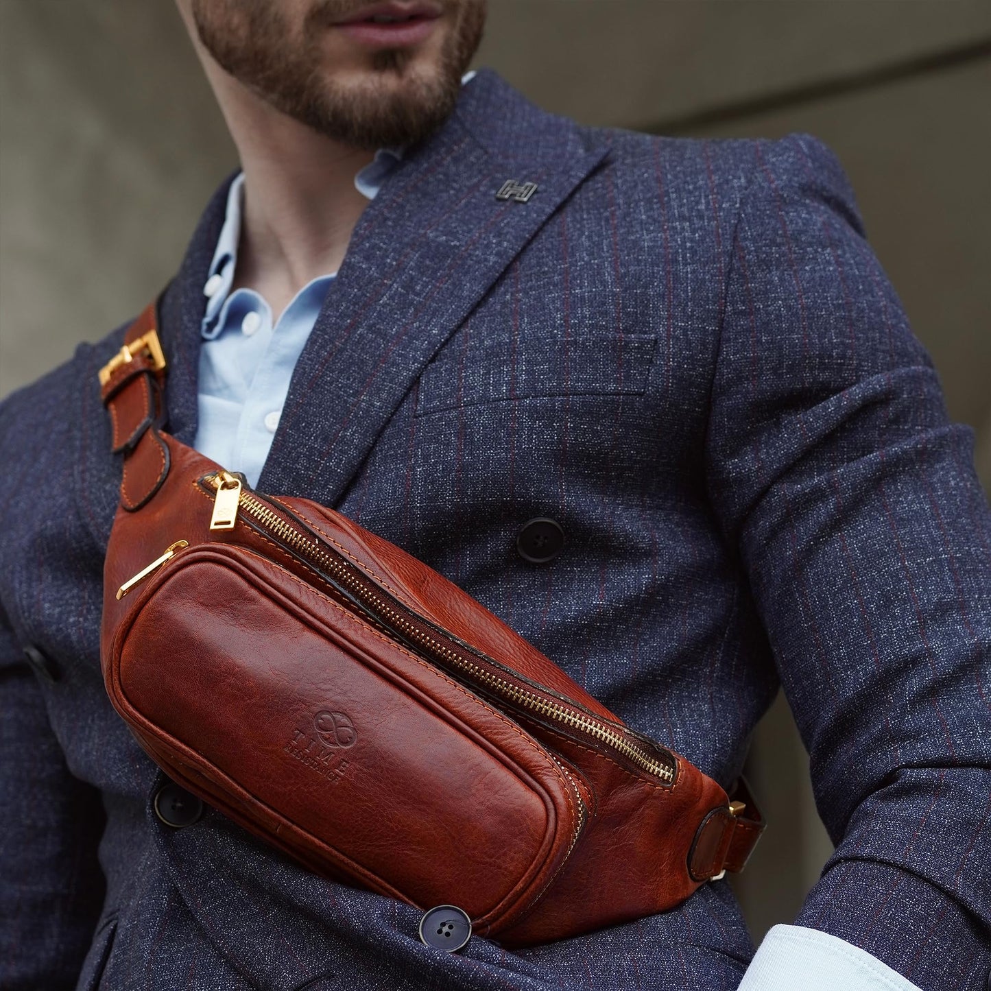 Time Resistance Leather Waist Pack - Belly Bag, Belt Bag, Fanny Pack - Handmade in Italy (Cognac Brown)