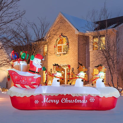 COOLWUFAN 10 FT Christmas Inflatables Outdoor Decorations Santa Claus on The Sleigh with Cute Elks, Blow Up Inflatable Yard Decoration Clearance with Lights for Christmas Party, Outdoor, Garden Lawn