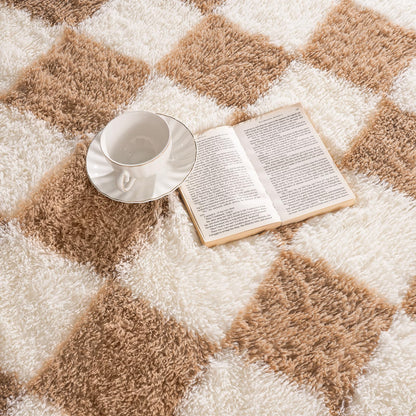 Pionblank 8x10 Area Rugs for Living Room, Fluffy Plush Checkered Rug for Bedroom, Shag Non Slip Soft Furry Large Carpet for Kids Room Nursery Home Decor, Beige and Cream White