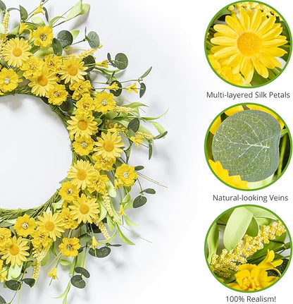 Spring Summer Door Wreath 20 Inch Yellow Daisies/Forsythia Flowers with Eucalyptus Leaves Seasonal Wreath for Front Door, Wall, or Porch Patio Decor