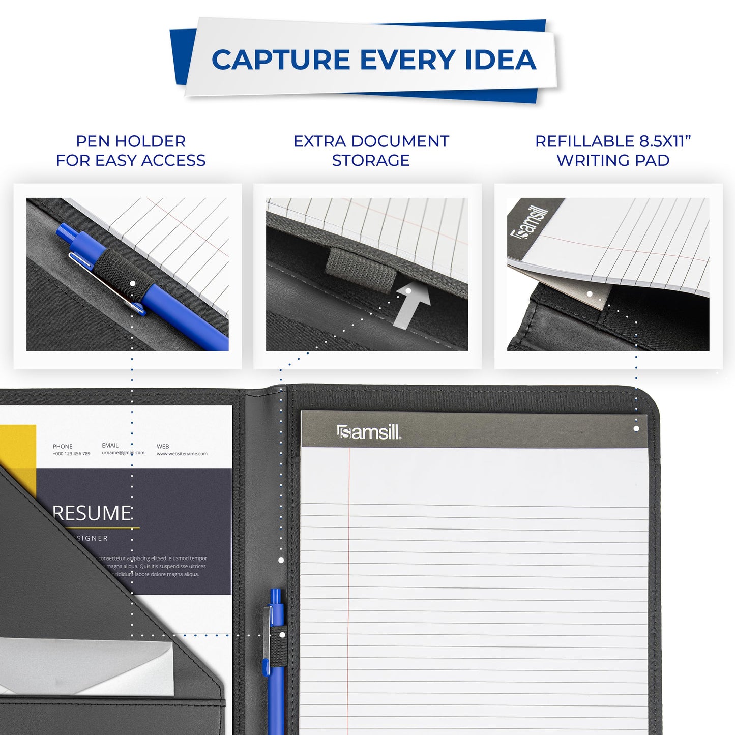 Samsill Contrast Stitch Faux-Leather Padfolio, Business Portfolio for Men and Women, Resume Document Organizer with 8.5 x 11 Inch Writing Pad, Black