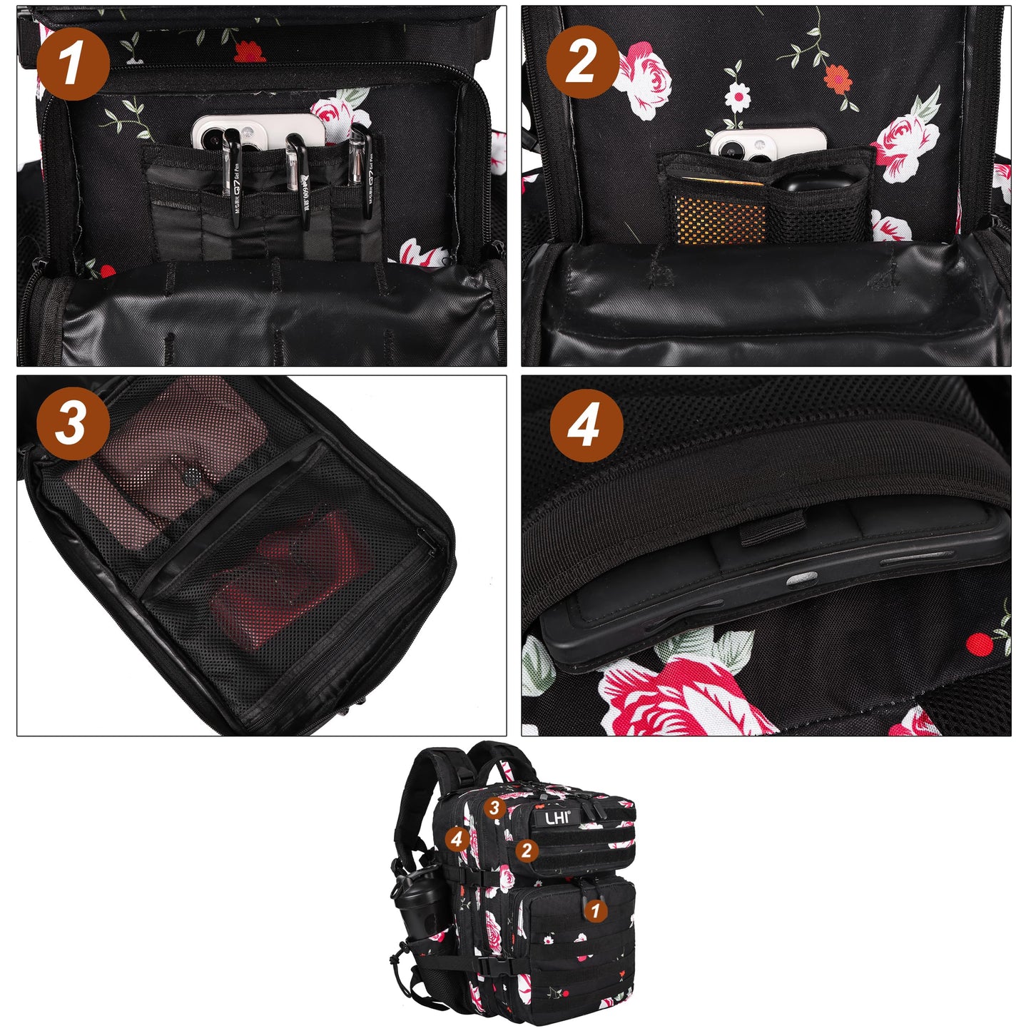 LHI Tactical Military Backpack for Men and Women 25L Army Assault Pack Bag Large Rucksack with Molle System-Flower