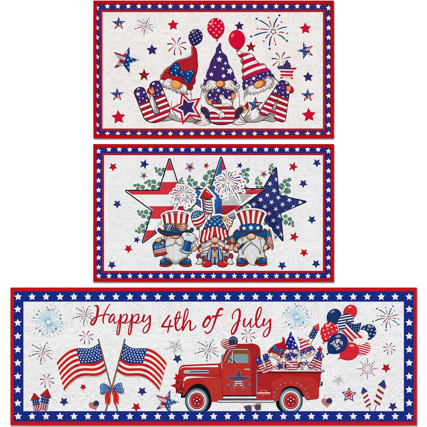 4th of July Kitchen Rugs Set, 3 Pcs Patriotic Gnome Runner Rug and Floor Mat, Americana Truck Decor for Kitchen Entryway, Red White Blue