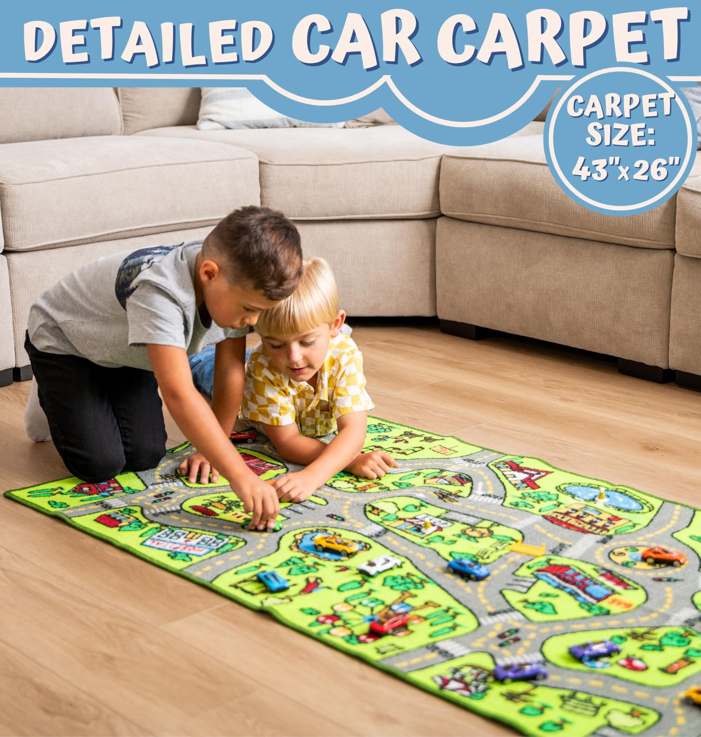 ToyVelt Carpet Playmat Kids Rug - Medium 43” x 26” Educational City Road Traffic Mat for Kids Ages 3–12 - Preschool Rug & Play Room Carpet with Skid-Proof Backing - Bedroom & Playroom