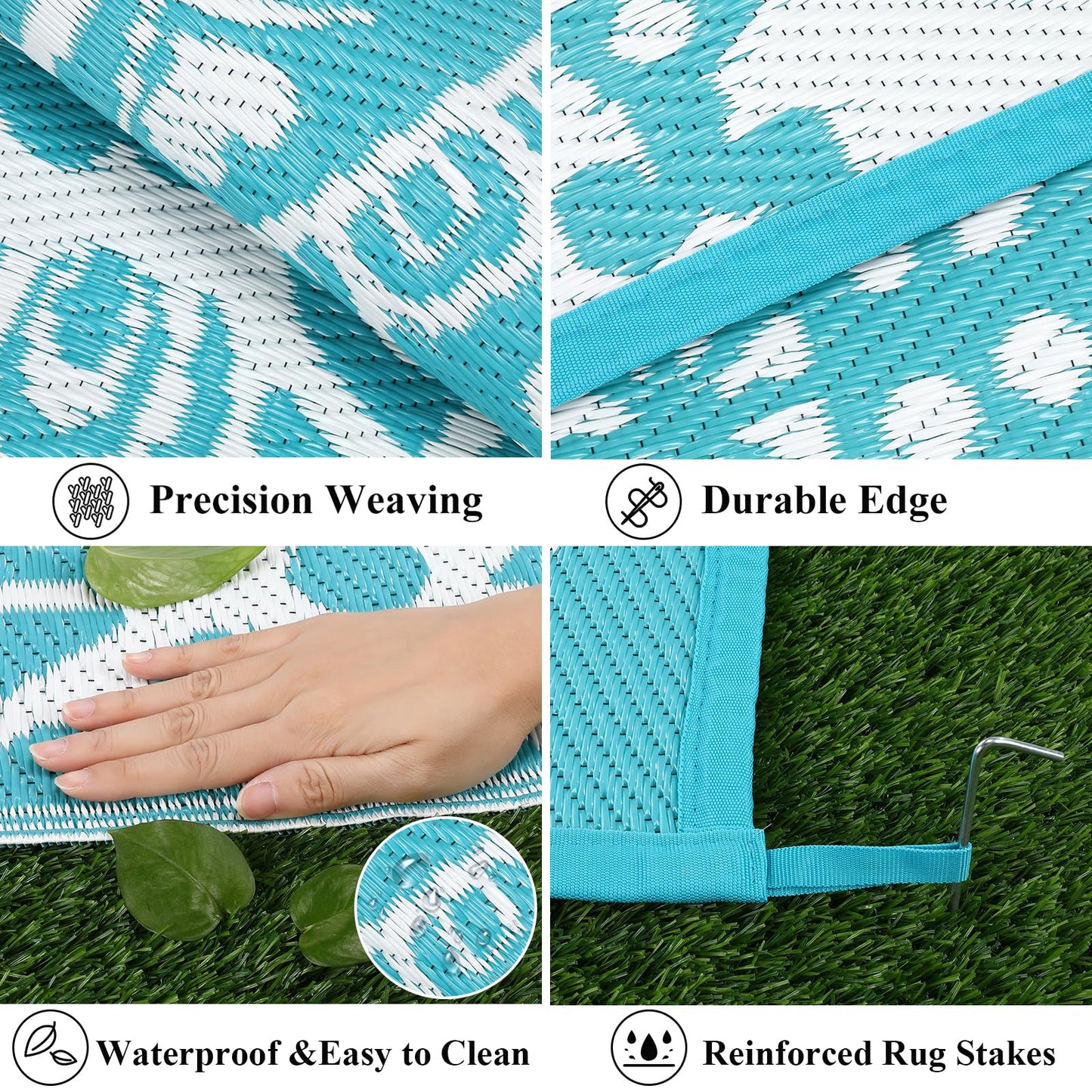 Bsmathom Waterproof Outdoor Rug 6'x9' Reversible Boho Plastic Straw Patio Deck Camping Rugs, Indoor Outdoor Portable RV Mat Clearance Carpet for Outside, Porch, Balcony, Backyard, Beach, Pool,Teal