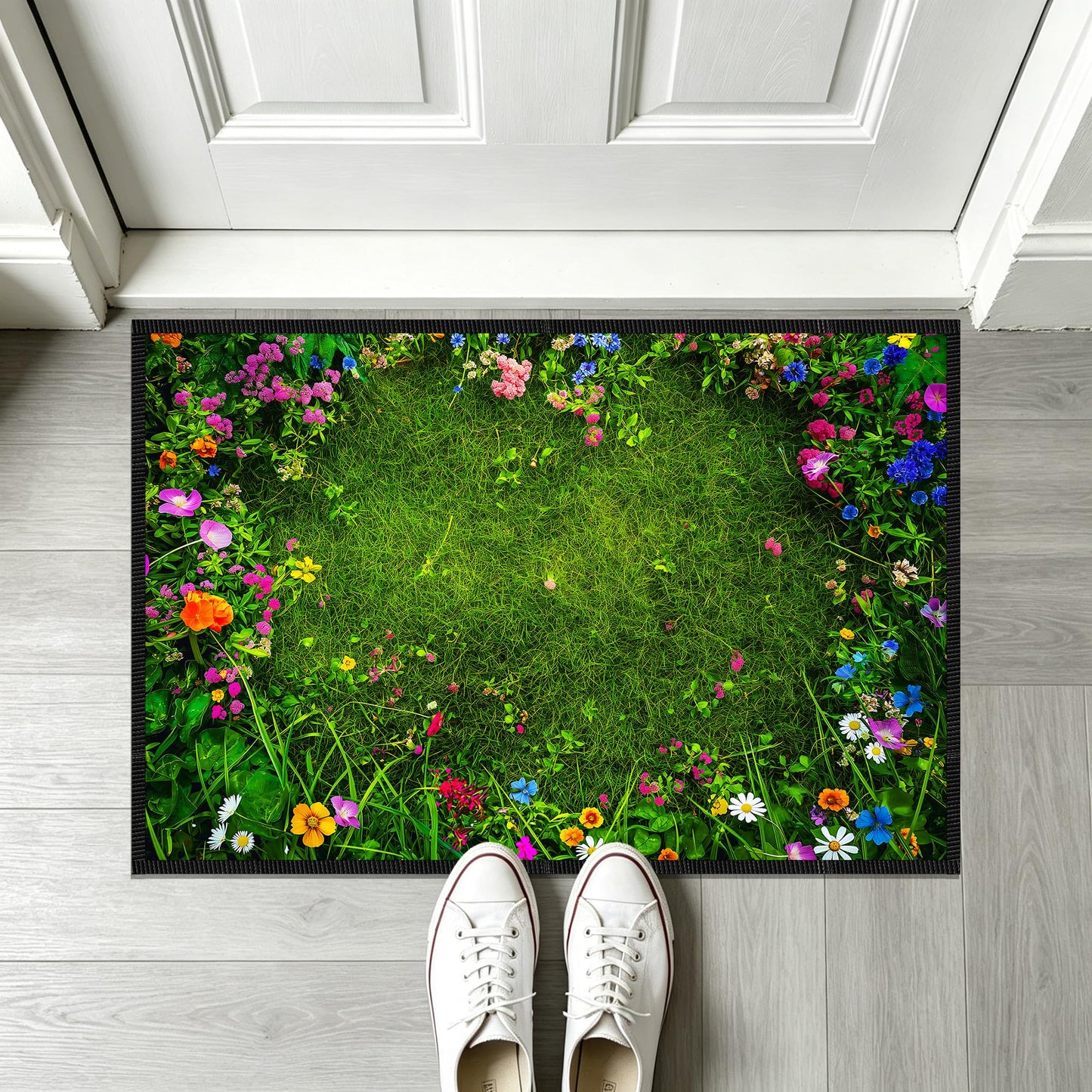 Green Grass Wildflower Door Mat for Indoor Entryway, 23.62 x 15.75 in Durable Faux Cashmere Polyester Rug, Non Slip Welcome Mat for Front Door Bathroom Kitchen