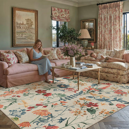 PureCozy Floral Easy Jute Rug 8x10 Living Room Bedroom Carpet Washable Large Non Slip Indoor Farmhouse Non Shedding Herringbone Rug for Dining Room Office
