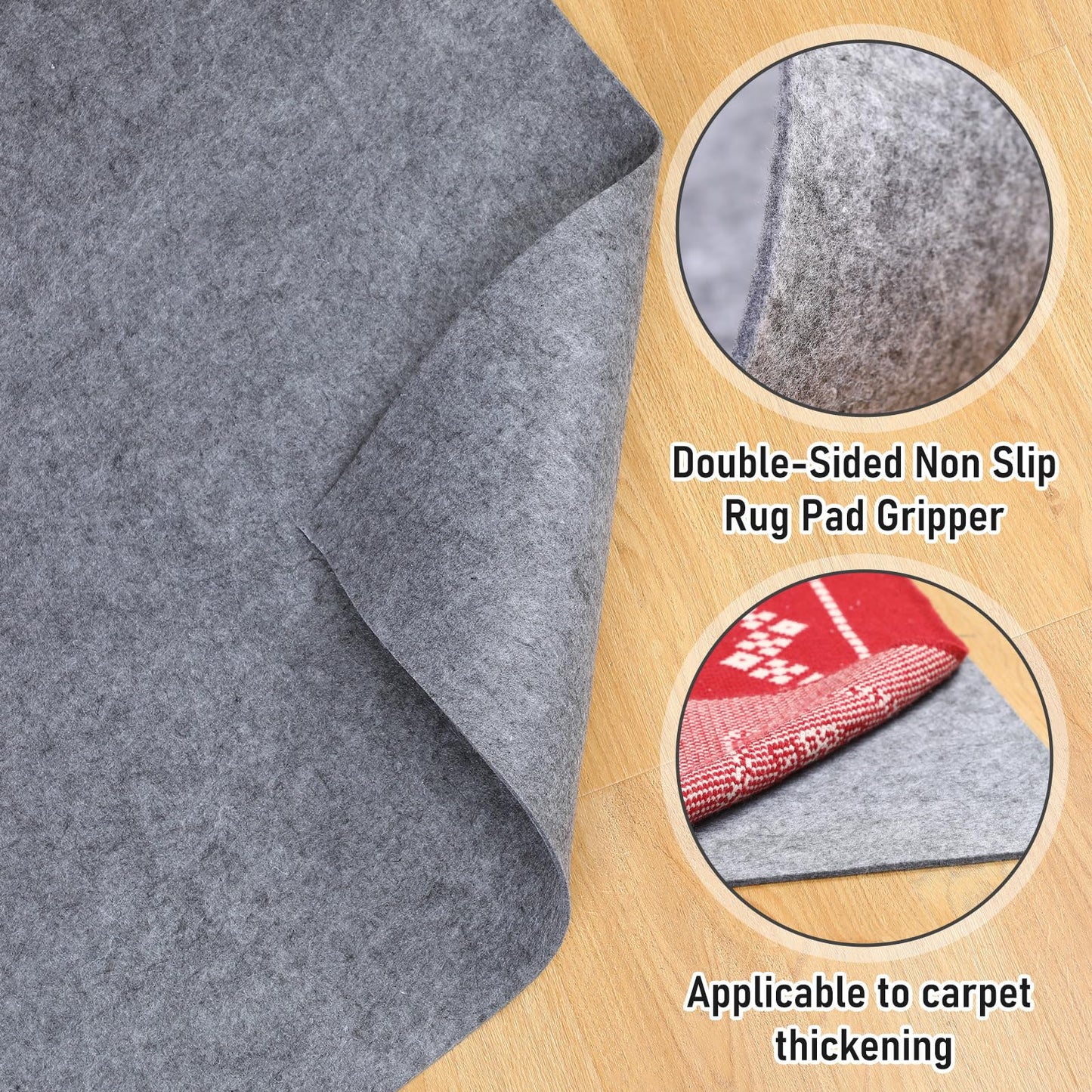 Nuanchu Felt Rug Pad 9x12 Feet, 1/4 Inch Thick Carpet Padding for Hardwood Floors, Grey Under Rug Protector, Safe Floor Cushioning Mat Ruggable Compatible Grip Underlay