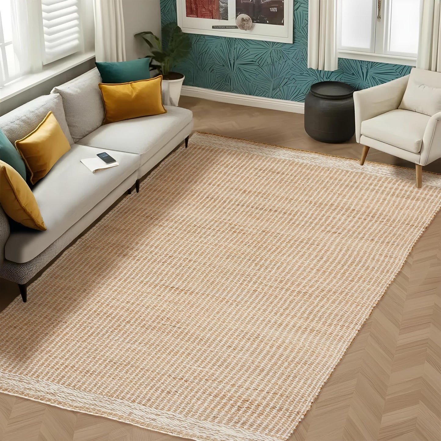 RUSVILLA 6' x 9' Jute & Wool Mini Check Area Rug with 4-Inch Border | Handwoven, Pile - 0.6"| Living Room, Dining & Bedroom Rug, Neutral Indoor Natural Farmhouse Décor (6' x 9')