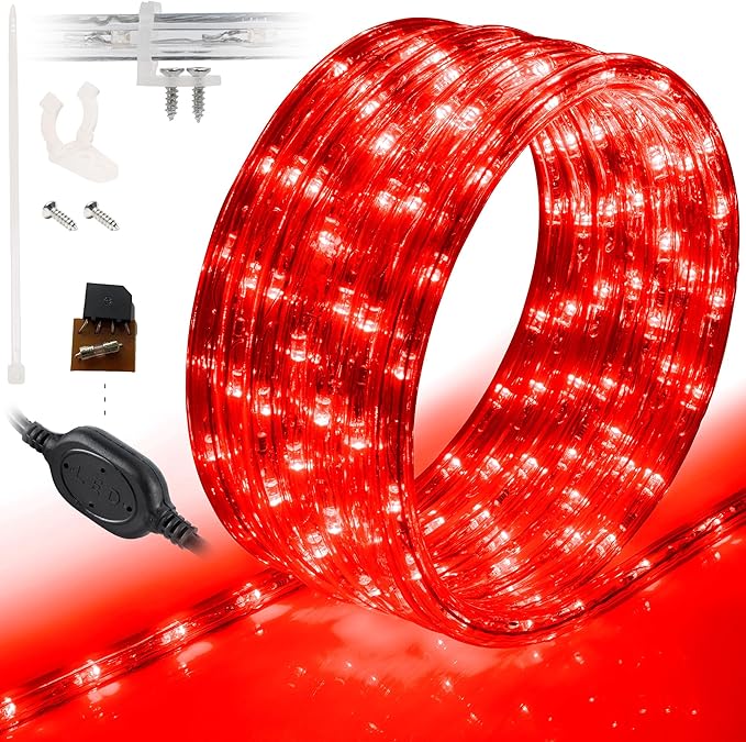 WYZworks 576LEDs 50ft LED Outside Rope Lights, Outdoor ETL Certified Waterproof Permanent 360 Degree Light Emitting, Flexible Tube, Connectable, Christmas Palm Tree Exterior Landscape, Red