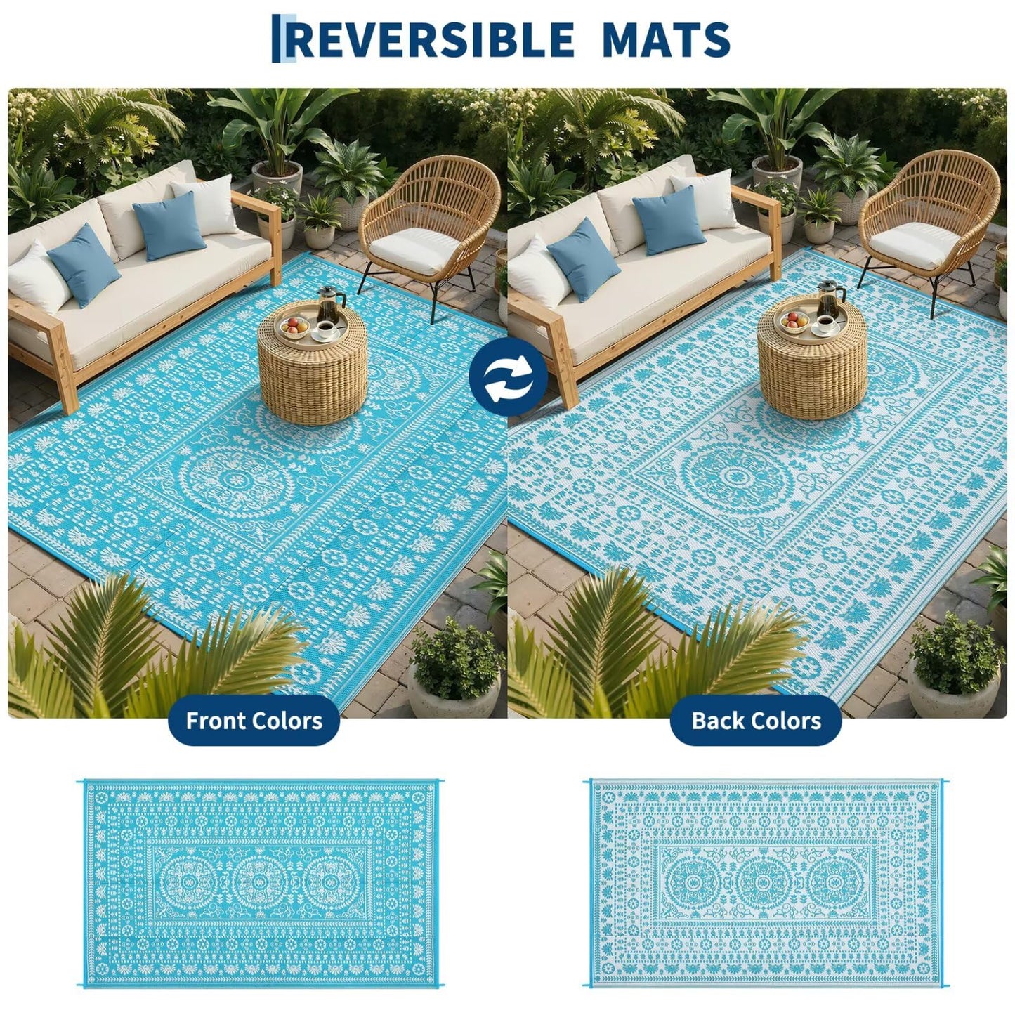 Garvee Reversible Outdoor Rug 5x8 for Patio, Waterproof Outdoor Area Rug, Boho Medallion Indoor Outdoor Carpet for Porch, Plastic Straw Rug for RV, Camping, Deck, Blue and White