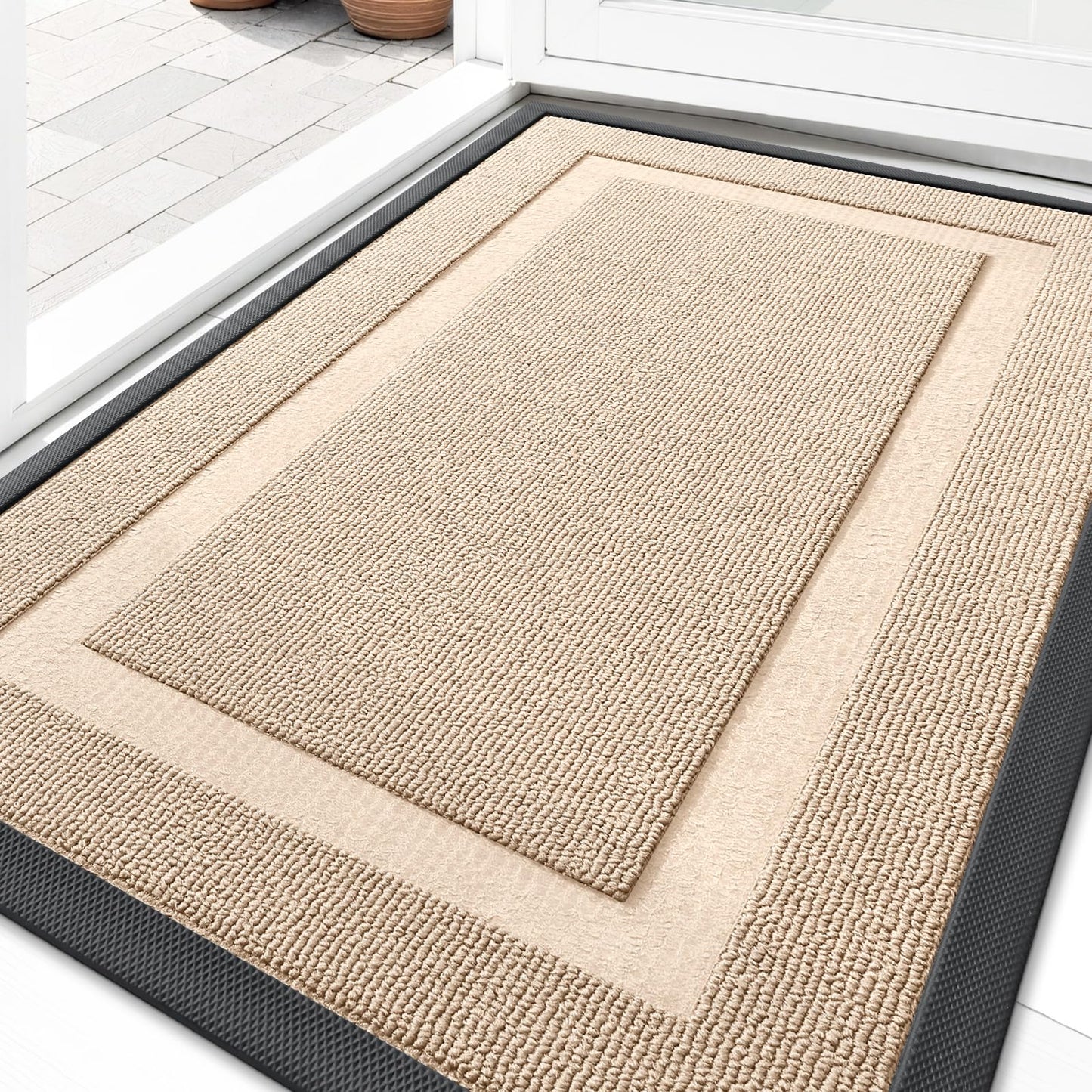 OLANLY Front Door Mat Indoor Outdoor Entrance, Waterproof All-Season, All-Weather Doormat, Sturdy Natural Rubber, Low Profile, Easy Clean Patio Porch Entryway Mat, 33x21, Off-White