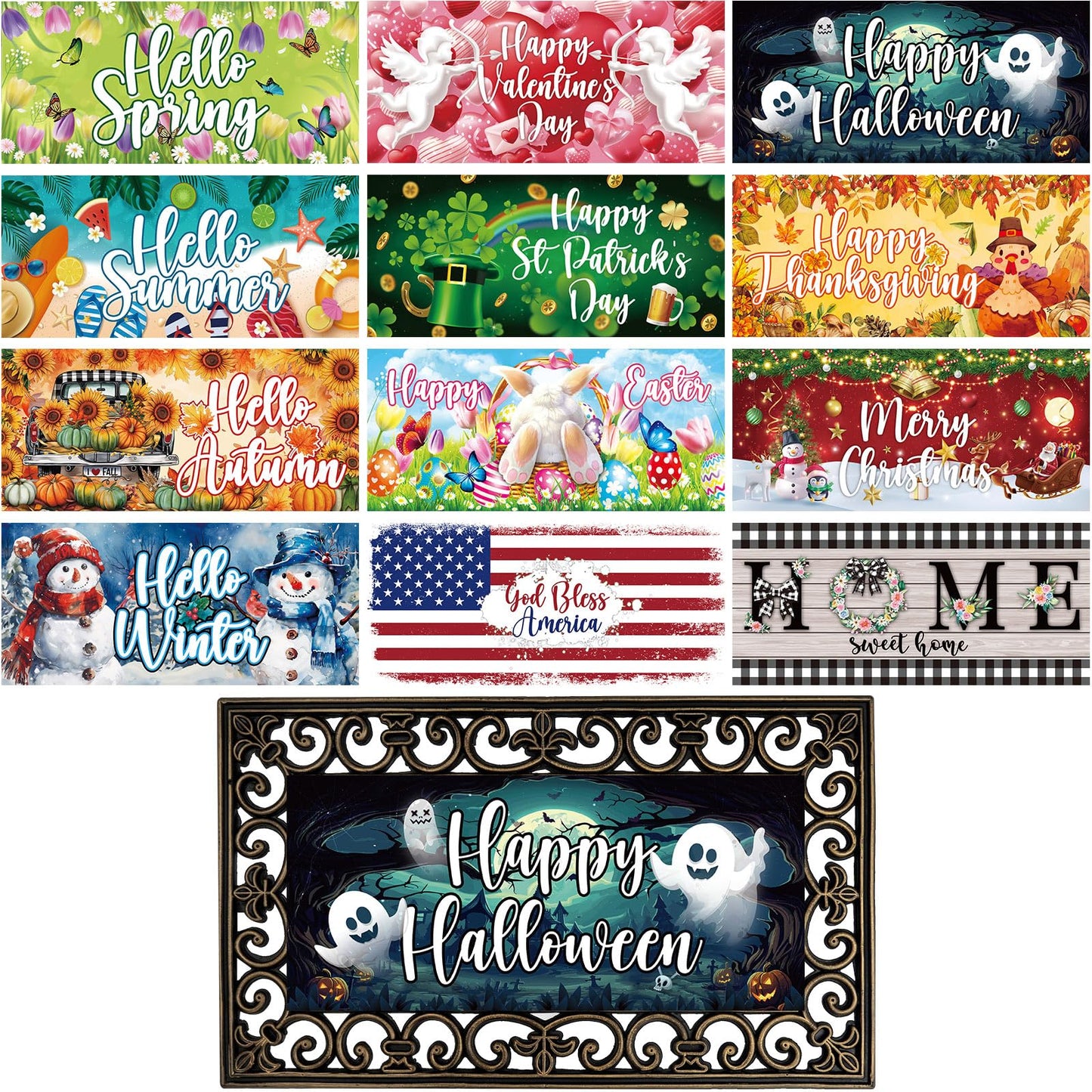 Tangren 12Pcs Doormat Inserts Seasonal Entrance Doormats Interchangeable Welcome Doormats Welcome Mat Outdoor for Fall Christmas Front Door Outdoor Indoor 22in x 10in All Season and Holiday