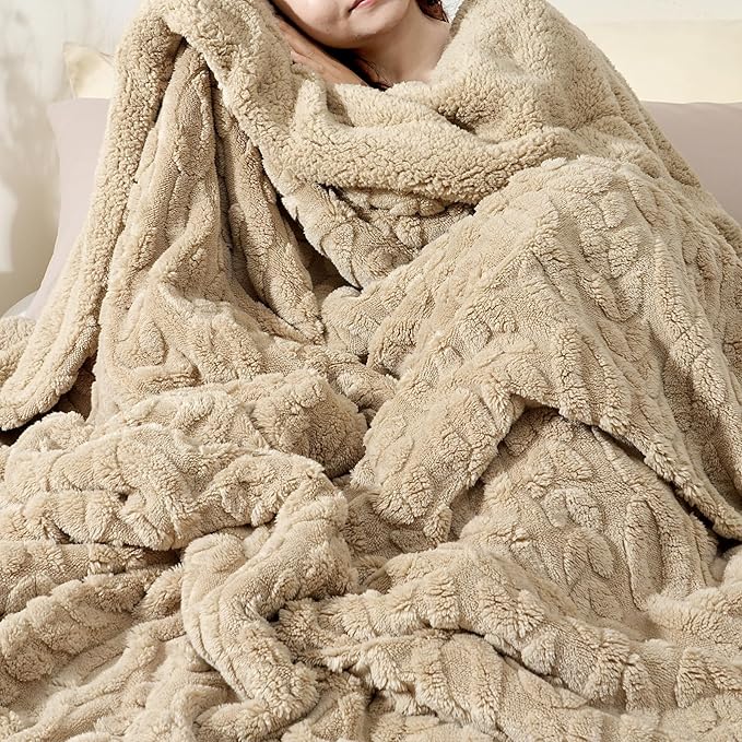 PHF Fluffy Sherpa Blanket Twin Size for Winter, Warm and Soft, 510GSM 3D Jacquard Thick Shaggy Fleece Plush Blanket for Sofa Bed, Khaki, 60"x80"