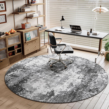 Round Area Rugs 4ft Washable Grey Circle Rug for Entryway Kitchen, Non Slip Soft Low Pile Stain Resistant, Boho Circular Carpet for Living Room Bedroom Dorm Dining Room Table, Abstract Gray