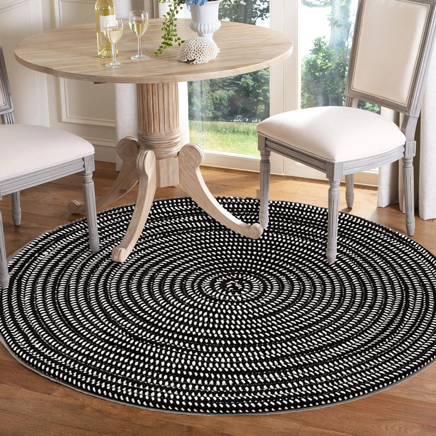 Hand Woven Round Area Rugs Living Room Bedroom Study Computer Chair Cushion Base Mat Round Carpet Lifts Basket Swivel Chair Pad Coffee Table Rug(2' Round, Black/White)