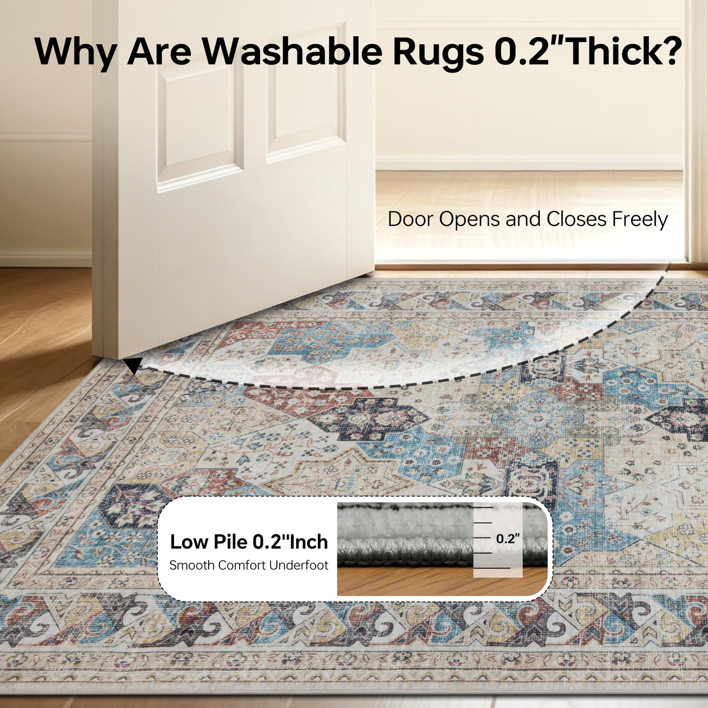 4x6 Moroccan Washable Area Rugs, Oriental Accent Rugs with Non-Slip Backing, Distressed Design Low Pile Soft Carpet for Living Room, Bedroom, Dining Room, Home Office, Blue/Multi