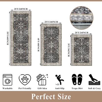 3-Piece Washable Kitchen Rug Set of 3 with Runner – Non-Slip Boho Kitchen Mats for Hardwood Floor, Sink & Entryway & Bathroom, Home Decor (Black,2x3+2x4+2x5)