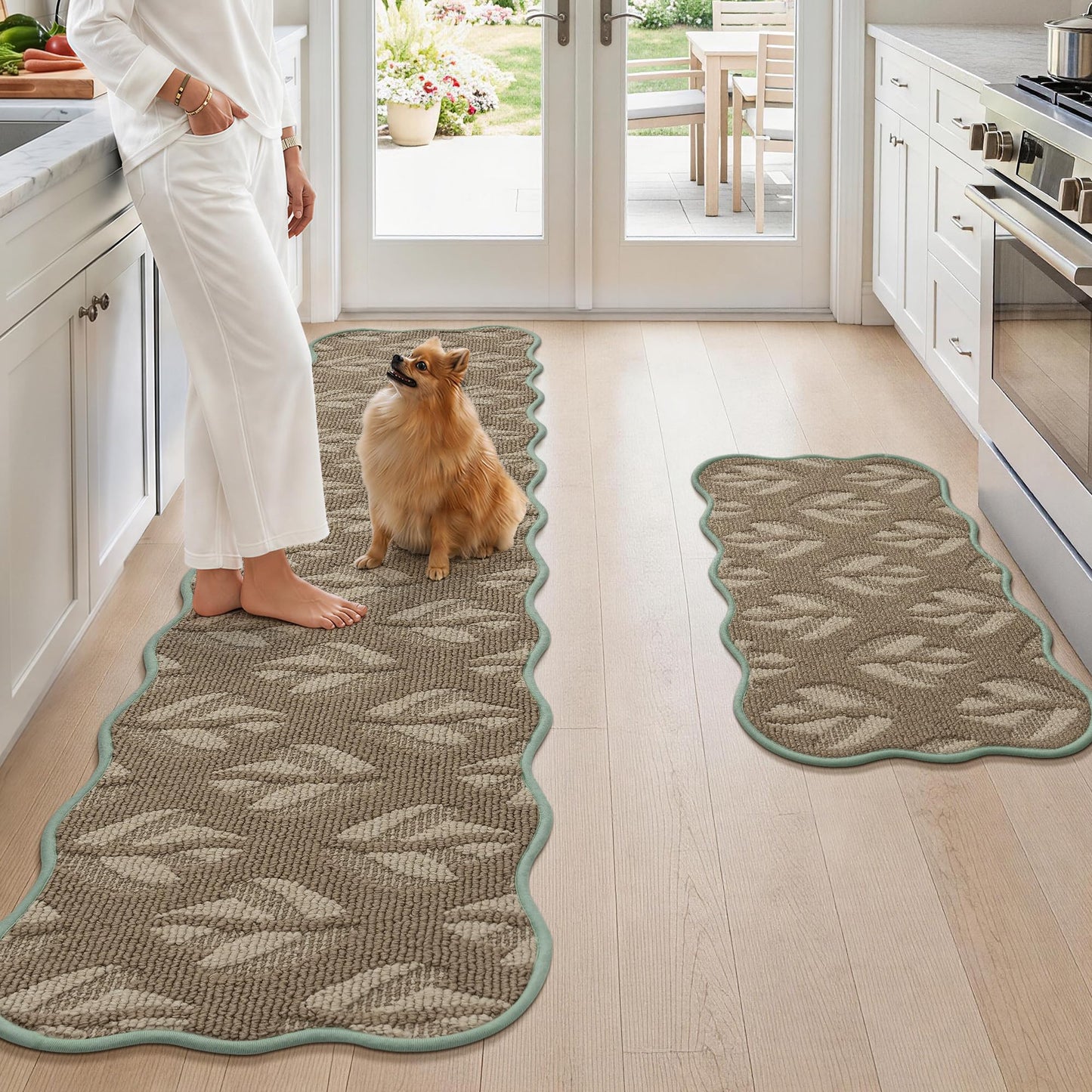 FLOORHUG Non-Slip Kitchen Rugs Set of 2, Scalloped Kitchen Mats for Floor, Absorbent and Stain Resist Kitchen Floor Mat, Washable Kitchen Runner Rug for Laundry&Sink, 17"x30"+17"x72", Leaf/Beige