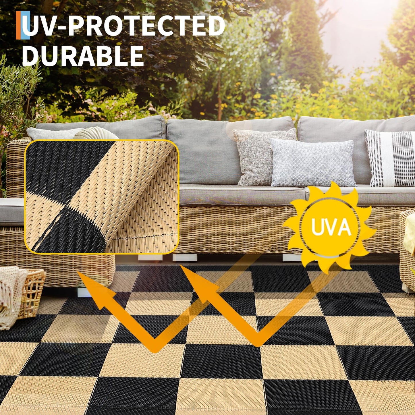 8 * 10ft Checkerboard Outdoor Rug, Reversible Woven Plastic Straw Patio Mat, Portable Floor Mat, Checkered Camping Carpet with Corner Loops for RV, Deck, Picnic, Balcony, Black & Brown