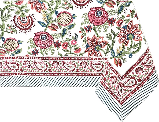 ATOSII Ruby 100% Cotton Rectangle Summer Tablecloth, Block Print Floral Table Cloth for Dining Table, Parties, Weddings, Outdoors Grand Millenial Decor I 60 X 90 Inches I 6 Seater I