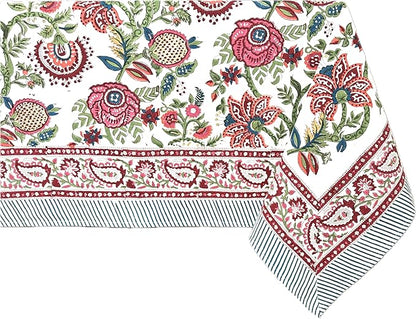 ATOSII Ruby 100% Cotton Rectangle Summer Tablecloth, Block Print Floral Table Cloth for Dining Table, Parties, Weddings, Outdoors Grand Millenial Decor I 60 X 90 Inches I 6 Seater I