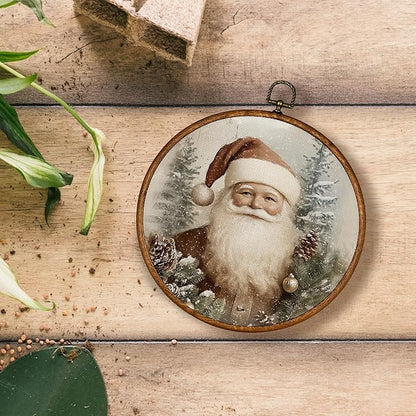 KSDUT Vintage Santa Claus Wall Decor Art - Retro Christmas Wall Art Canvas Frame Hanging Prints, Merry Christmas Xmas Holiday Round Wall Art Decor for Home Farmhouse Decorations 10"x10"