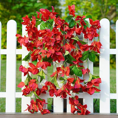 2PCS Bougainvillea Artificial Hanging Flowers Plants for Outdoors Outside Fall Decoration, Faux Silk Flowers Fake Vines UV Resistant Look Real Realistic for Front Door Porch Planter Balcony, Red