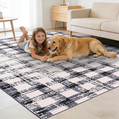 Garvee 9x12 Checkered Area Rug, Washable Modern Geometric Rug, Non Slip Low Pile Soft Carpet for Bedroom, Living Room, Dining Room, Black