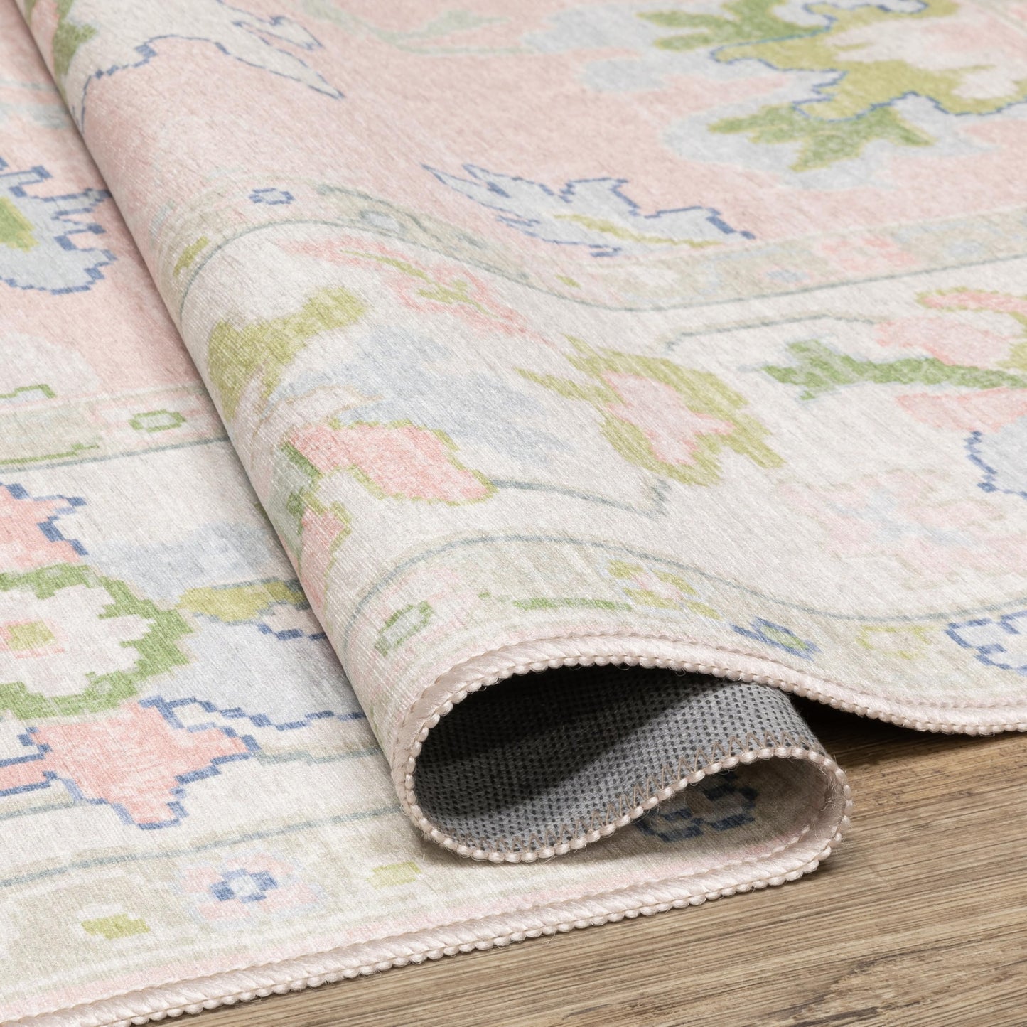 Oriental Weavers Addison ADD04 Machine Washable Flat Weave Printed Area Rug 5' x 7' in Pink/Green Traditional Style, Nursery, Kids Room, Bedroom, Entryway
