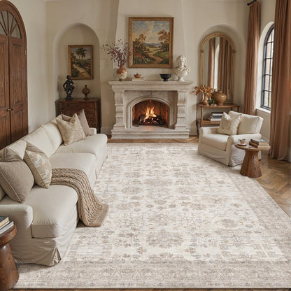 PureCozy 8x10 Living Room Area Rug Beige Washable Vintage Carpet Non Slip Low Pile Bedroom Traditional Distressed Large Throw Retro Rug for Dining Room Home Office