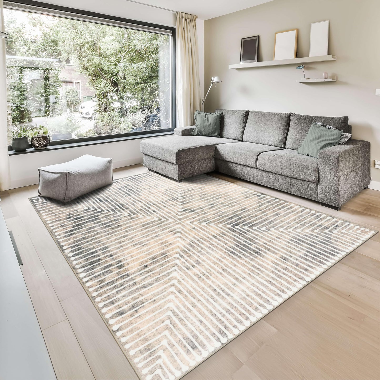 GLN Rugs Contemporary - Ephesus - Machine Washable Area Rug, Modern Washable, Non Slip, Low Pile Area Rug, Entryway, Hallway, Kitchen Rug - Easy Clean (3' x 5' Lines Cream)