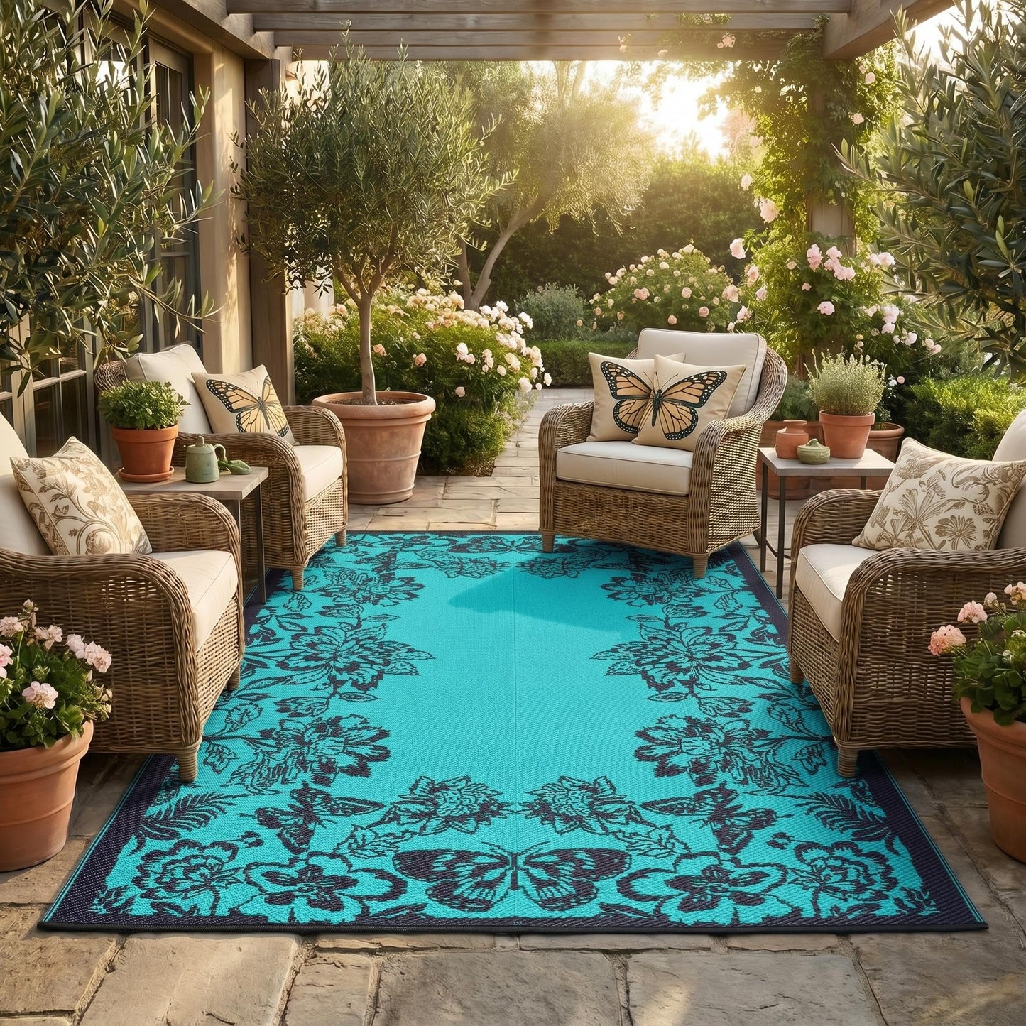 Garvee 5’x8’ Waterproof Patio Outdoor Rug, Outdoor Plastic Straw Rug for Camping, RV Mat Outside, Indoor Outdoor Carpet for Porch, Deck, Backyard, Balcony, Picnic, Dark Blue & Teal