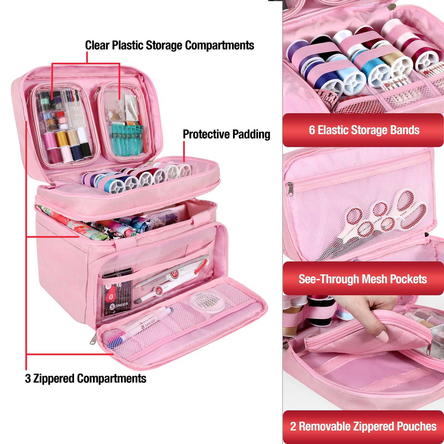 SINGER Sewing Accessories Organizer (Bag Only) – Double Layer Portable Sewing Storage Bag | 2 Detachable Pouches and 18 Compartments, Large Sewing Supplies & Crafting Carry-all (Pink)