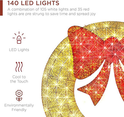 Best Choice Products 48in Pre-Lit Outdoor Christmas Wreath Decoration, LED Metal Holiday Decor for Home w/ 140 Lights, Bow - Gold/Red