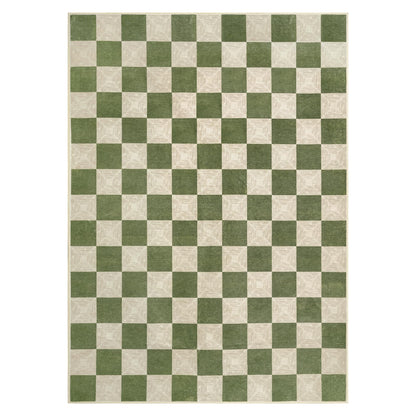 Kiginara Washable Green Checkered Rug 5x7, Non-Slip Low Pile Area Rug for Living Room, Bedroom, Nursery, Modern Neutral Farmhouse Checkerboard Carpet, Pet & Kid Friendly