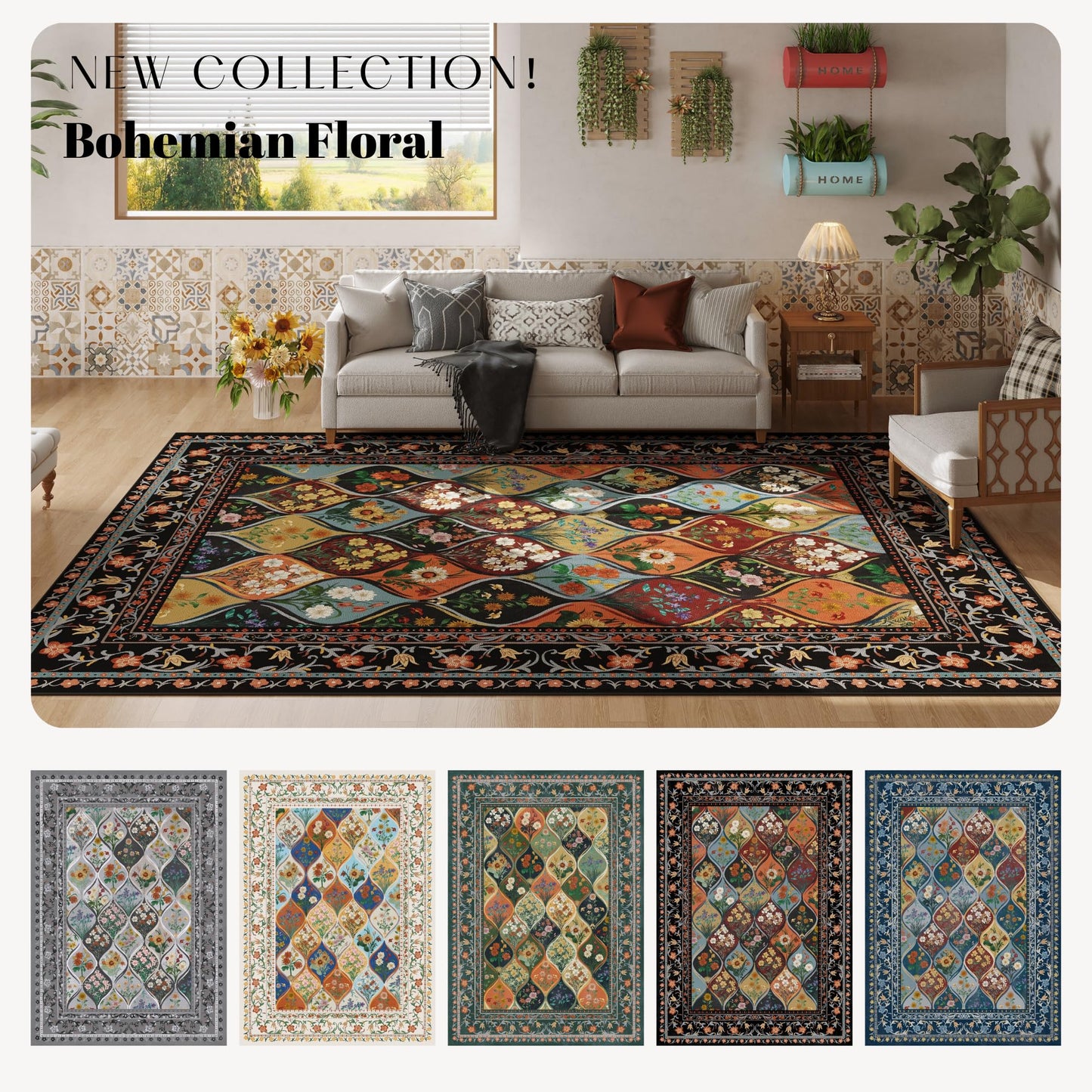 Vowkten Bohemian Geometric Floral Area Rugs 5x7, Machine Washable, Low Pile Soft Carpet, Non-Slip for Living Room, Bedroom, Dining Room, Farmhouse, Kids Playroom, Office | Black
