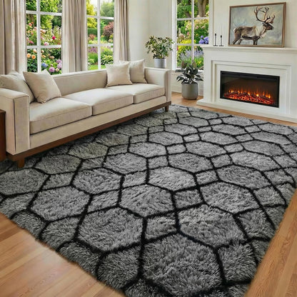 ONASAR 6x9 Area Rugs for Living Room Bedroom, Large Fluffy Grey and Black Throw Rug, Geometric Soft Plush Shaggy Fuzzy Floor Carpet for Nursery Kids Girls Boys Teen Dorm Home Office Decor Aesthetic
