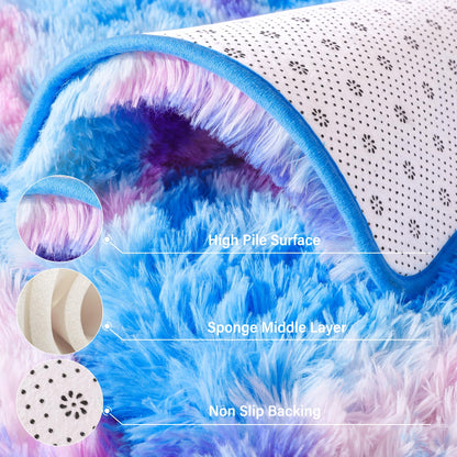 Foxmas Large Area Rugs for Living Room Bedroom 6x9 Feet, Fluffy Kids Room Plush Shaggy Nursery Rug Furry Throw Carpets for Boys Girls, College Dorm Fuzzy Rugs Home Decorate Rug, Rainbow Blue