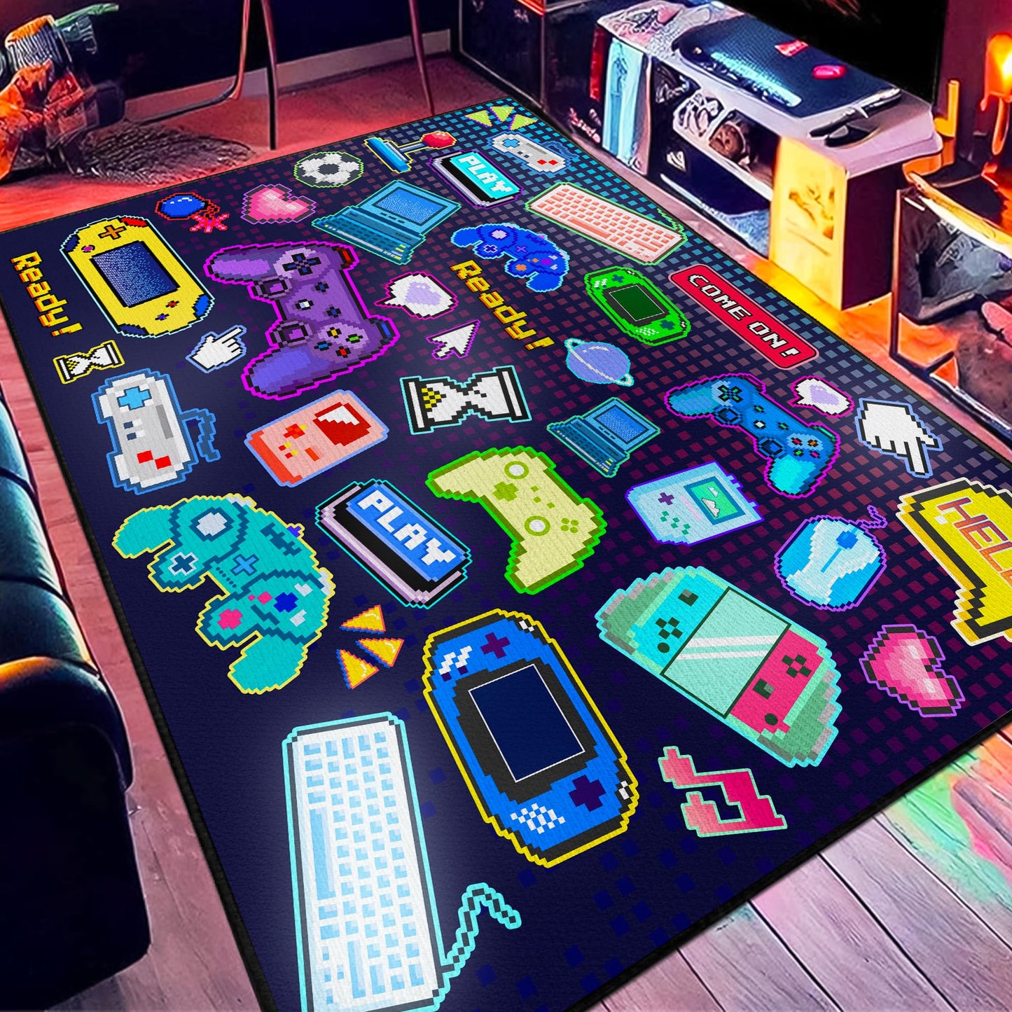 Didswuit 2x3 Game Controller Mat Gamepad with Keyboard Design for Playroom, Pixel Gaming Play Rug for Bedroom, Fun Gamer Art Décor for Game Lover Washable Carpet