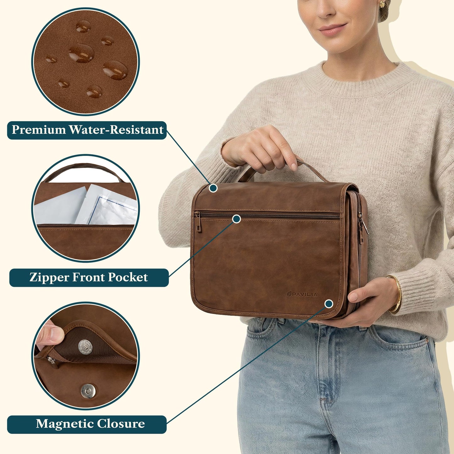 PAVILIA Hanging Toiletry Bag Women Men, Foldable Cosmetic Organizer Travel Bag, Water Resistant Makeup Bag Toiletries, Large Travel Essentials Kit (Dark Brown)